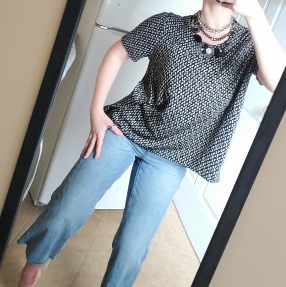 LOFT Black & White Monochrome Graphic Patterned Boxy Business Casual Blouse Top - Picture 6 of 16